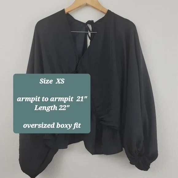 Free People Elouise Black Satin Long Sleeve Blouse Oversized Boho V-Neck Top XS - Picture 6 of 13